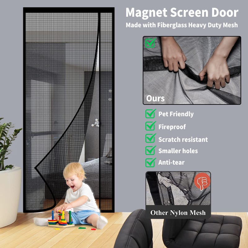 Veanusiver Reversible Left or Right Side Opening Magnetic Screen Door  Narrow Durable Fiberglass Mesh Curtain Hands Free for Patio  Bedroom  Fits Door Size 36"" x 82""  Black - Image 2